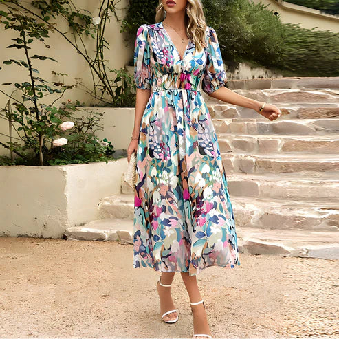 Lora Floral Jurk | Modern elegant maxi-jurk met V-hals en bloemen