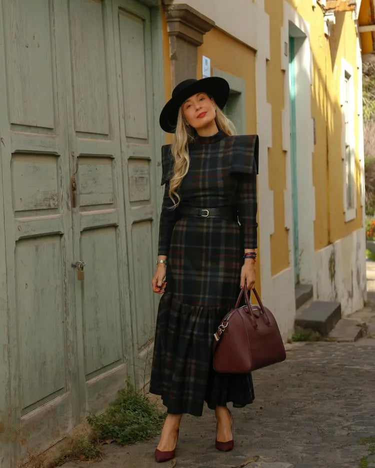 Brigitte Jurk | Elegant vintage Maxi-jurk met ruitpatroon, lange mouwen en riem voor dames