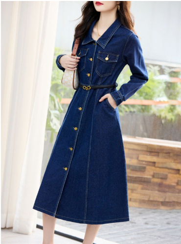 Claudia Denim Dress | Elegante denim jeans damesjurk mid lang met riem