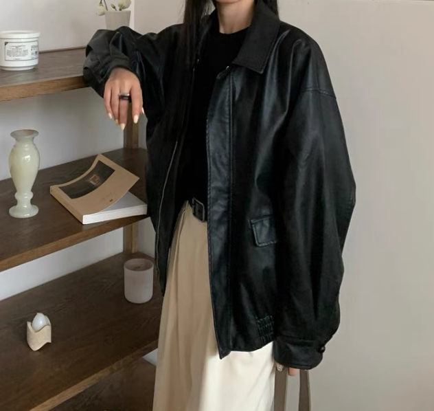 Bersha Leren Jas | Elegante oversized casual PU-leren jas met omgeslagen kraag voor dames
