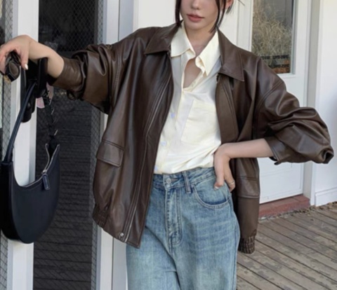 Bersha Leren Jas | Elegante oversized casual PU-leren jas met omgeslagen kraag voor dames