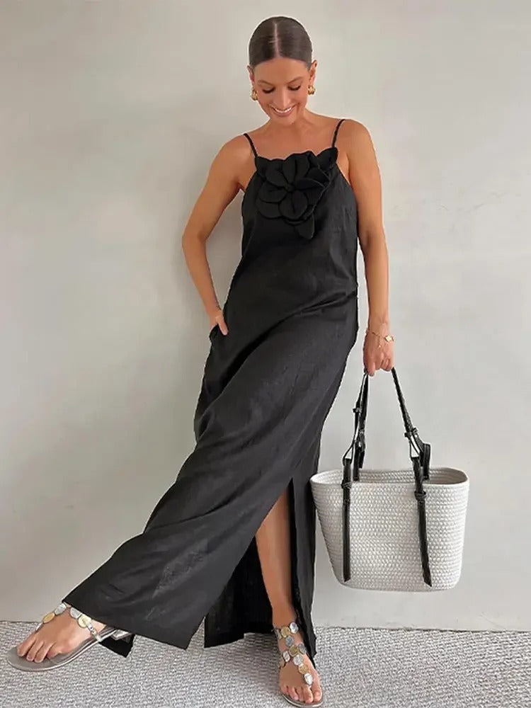 Diana Jurk | Elegante mouwloze midi-jurk met hoge split en 3D-bloem voor dames