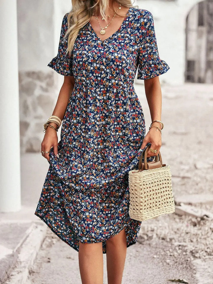 Mady Midi-Jurk | Elegante casual zomerjurk met hoge taille, bloemenpatroon en V-hals voor dames