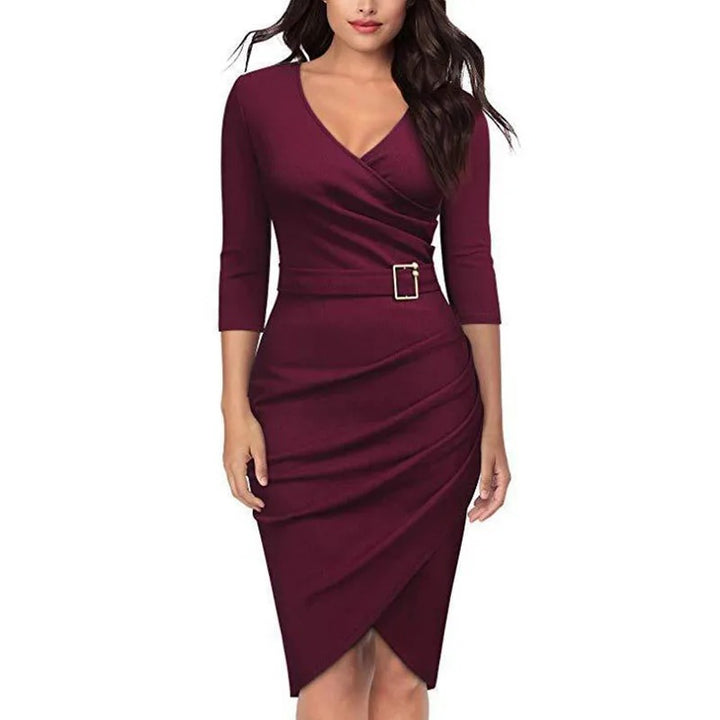 Desire Jurk | Elegant jurk met V-hals, hoge taille, riem en 3/4-mouwen voor dames, geschikt voor kantoor of feestjes