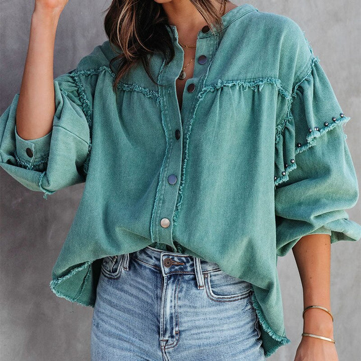 Denim Western Blouse | Trendy blouse van gekleurd spijkerstof met mao kraag voor dames