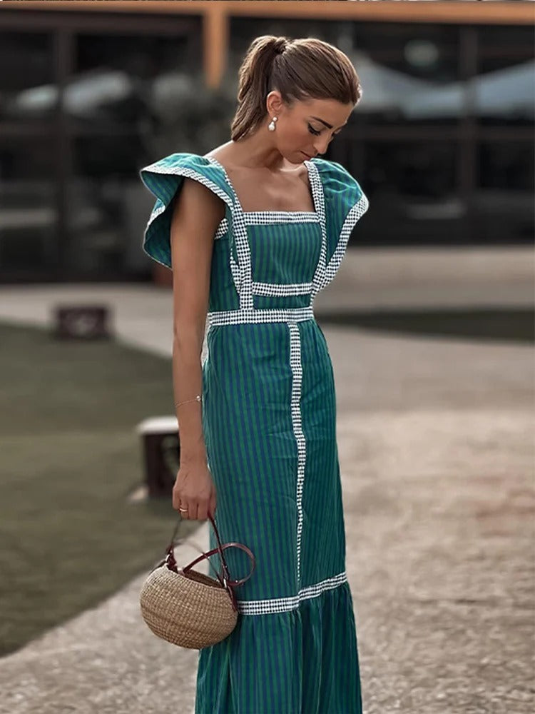 Heidi Geruite Jurk | Elegante Plaid Maxi-jurk met hoge taille voor dames met vierkante halslijn en pofmouwen
