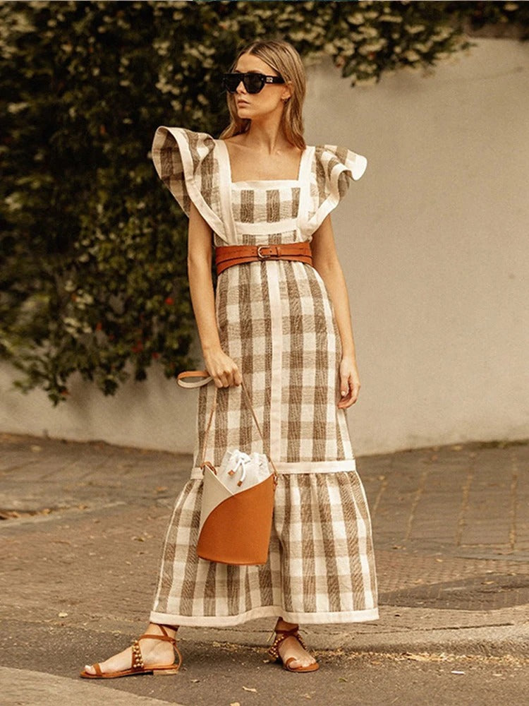 Heidi Geruite Jurk | Elegante Plaid Maxi-jurk met hoge taille voor dames met vierkante halslijn en pofmouwen