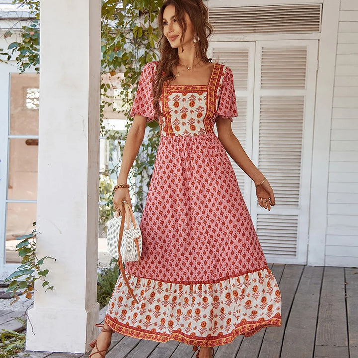 Mila Maxi-jurk | Elegant lang vintage bloemenjurk met vierkante kraag in BOHO-stijl voor dames