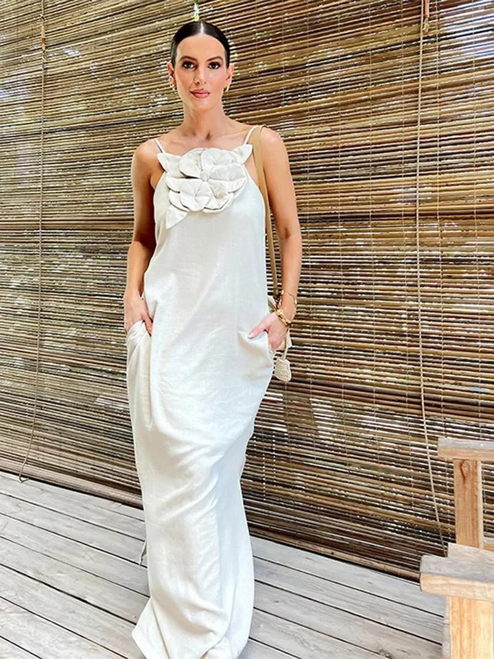 Diana Jurk | Elegante mouwloze midi-jurk met hoge split en 3D-bloem voor dames