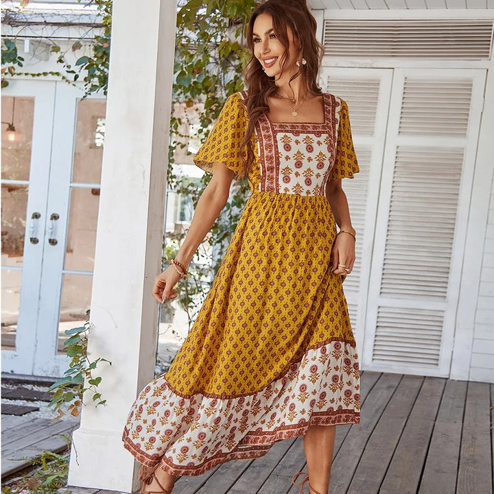 Mila Maxi-jurk | Elegant lang vintage bloemenjurk met vierkante kraag in BOHO-stijl voor dames