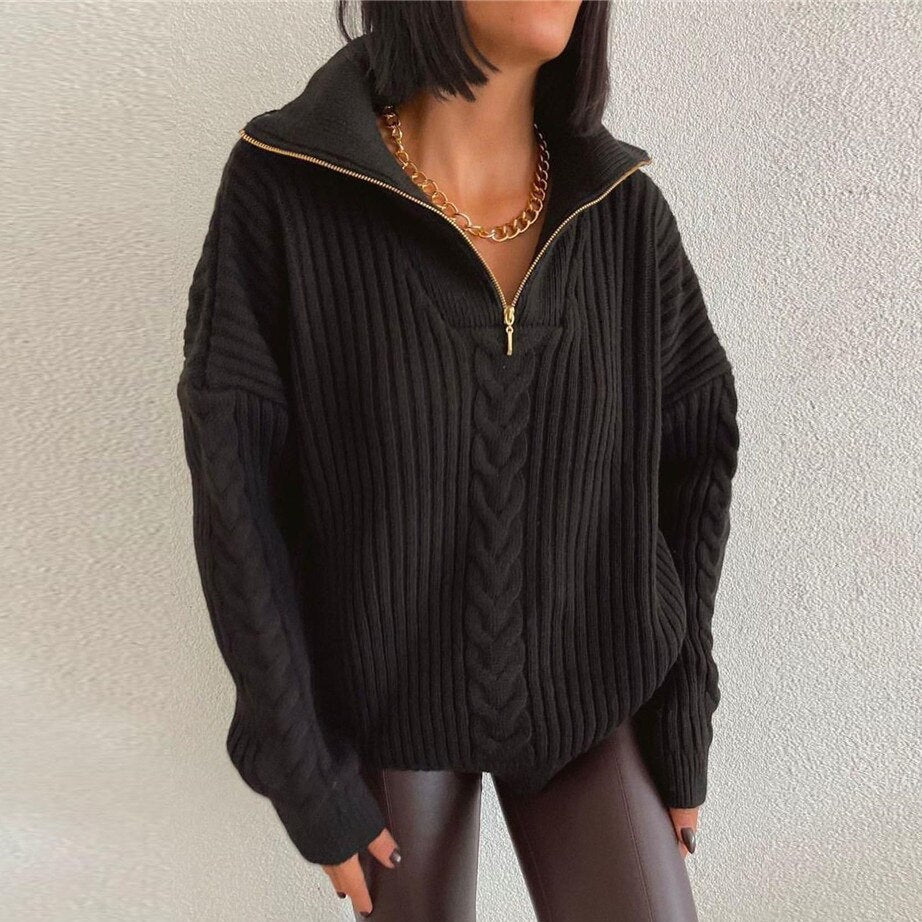Bersha V-Sweater | Comfortabele oversized V-hals kabeltrui met rolkraag en ritssluiting voor dames