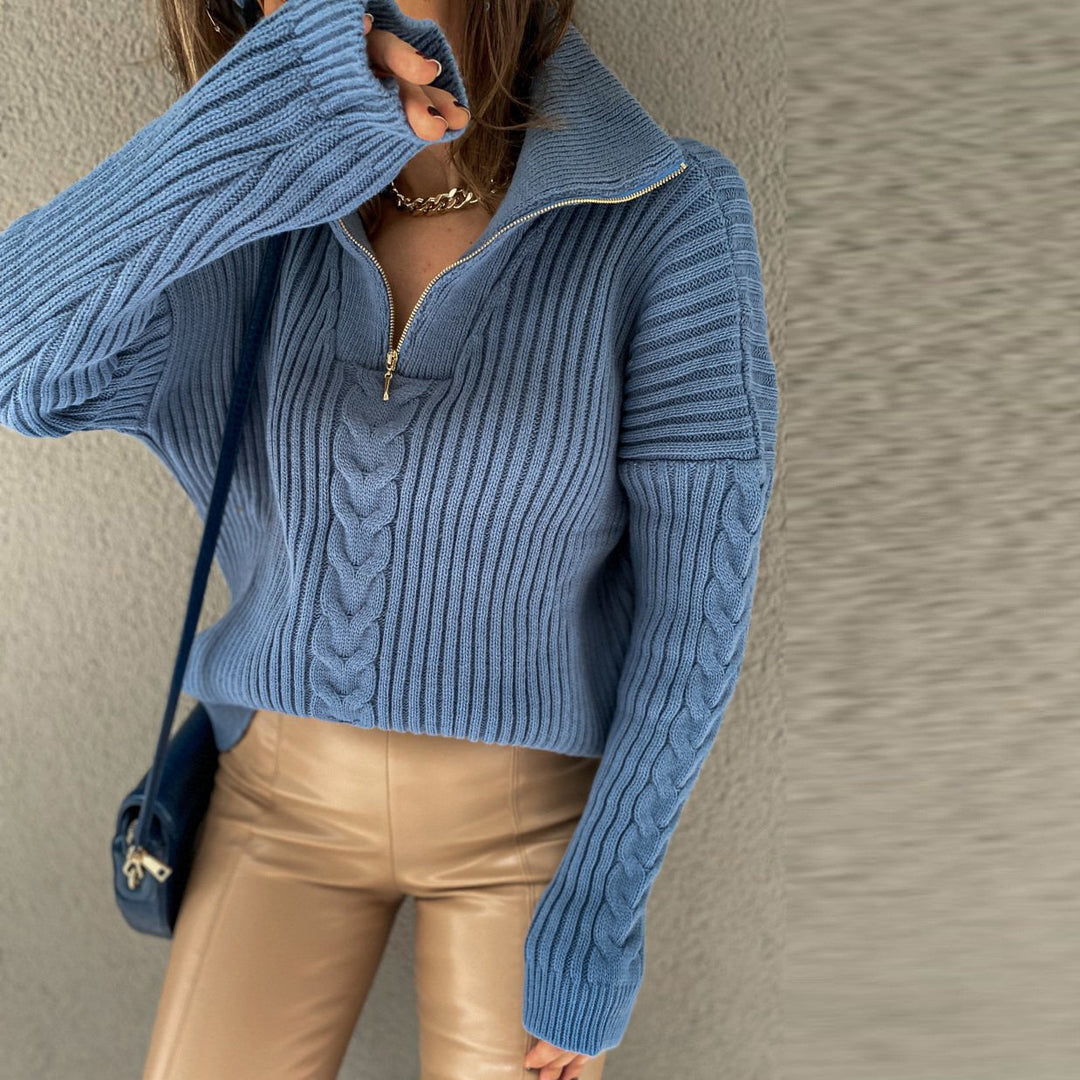 Bersha V-Sweater | Comfortabele oversized V-hals kabeltrui met rolkraag en ritssluiting voor dames