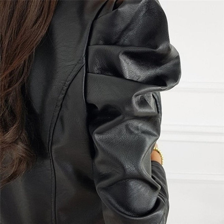 Goosecrave Jacket | Elegante faux leren dames jas met plof mouwen en ritssluiting